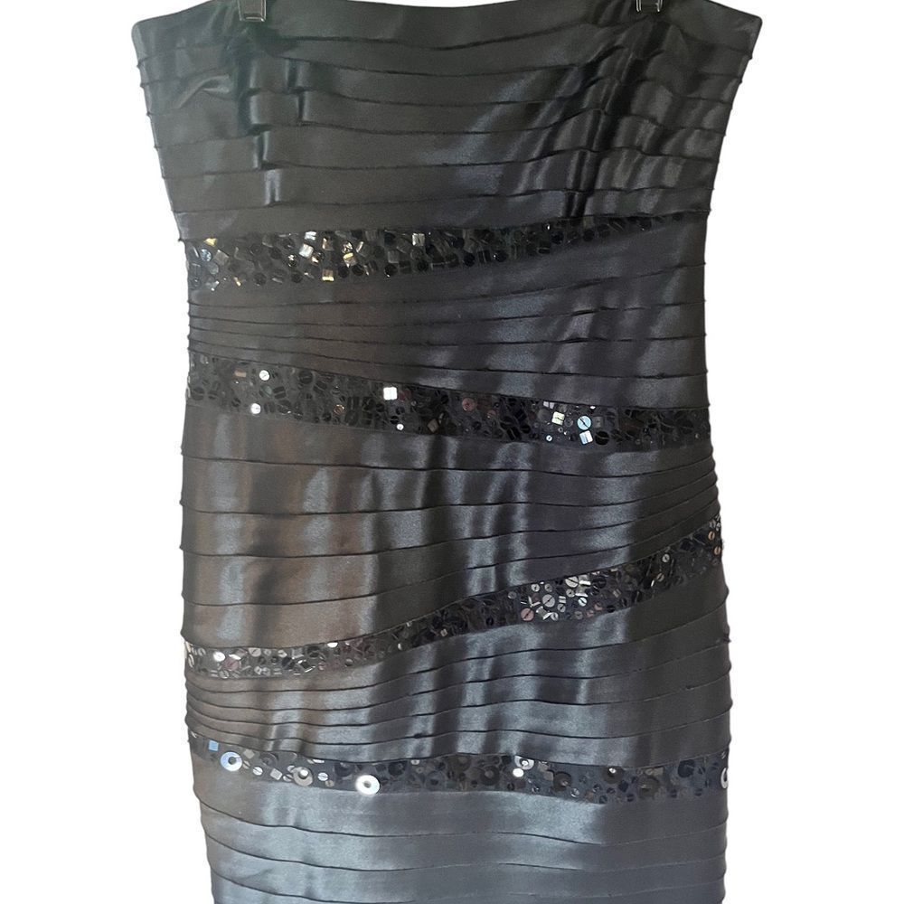 BCBGMaxazria Black Satin Dress Tiered Strapless Sz 12